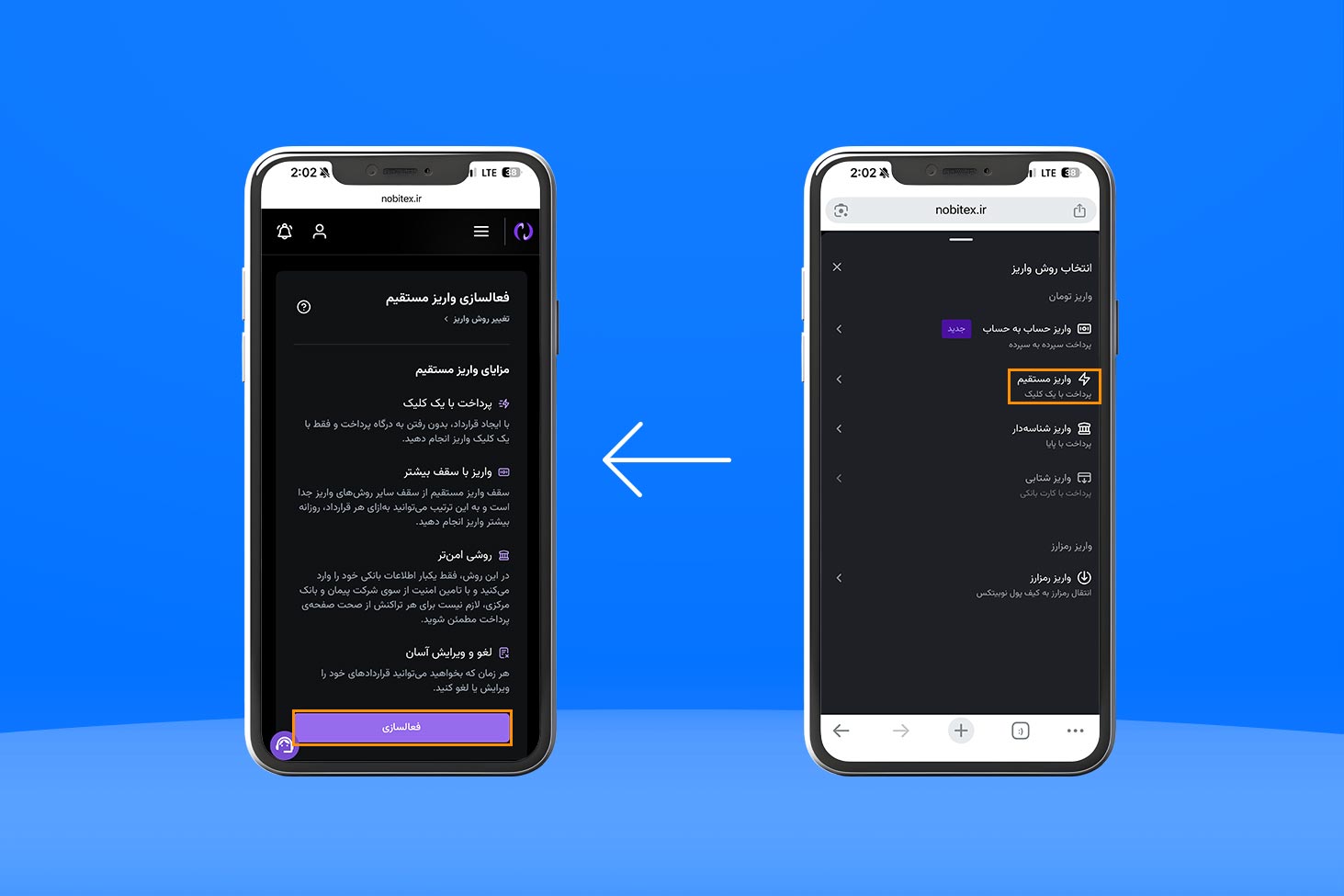 مرحله دوم فعال‌سازی واریز مستقیم در نوبیتکس: انتخاب گزینه واریز مستقیم (پرداخت با یک کلیک) از میان انتخاب‌های موجود